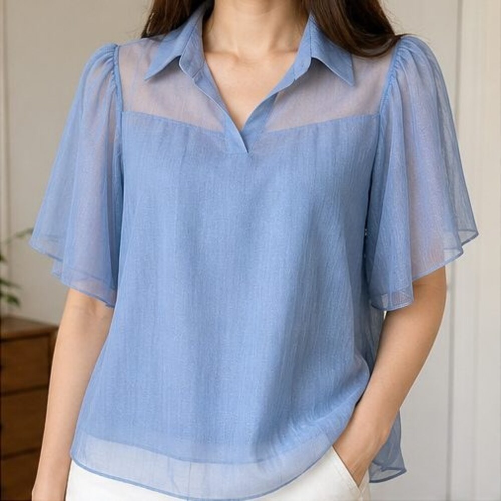 Blue Ruffle Blouse - Picture 2 of 6